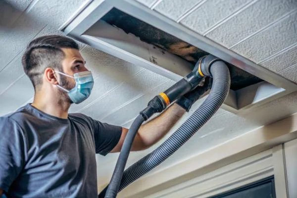 Technician using professional tools and vacuum system to clean home air ducts.