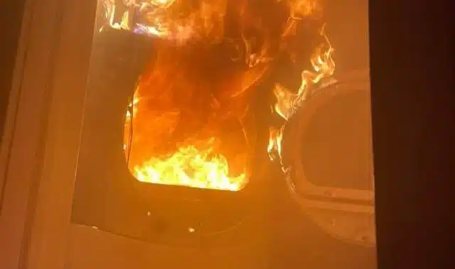 Dryer fire caused by lint buildup showing why regular dryer vent cleaning is essential in Spokane homes